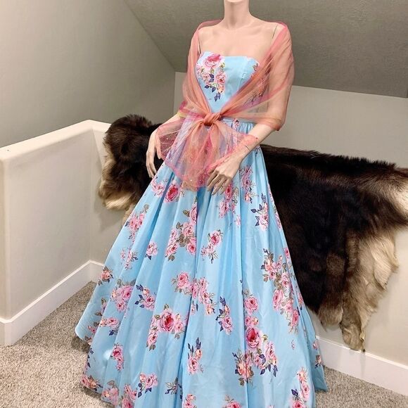 New Strapless Blue Floral Print Ball Gown With Sequined Shawl - Picture 7 of 15
